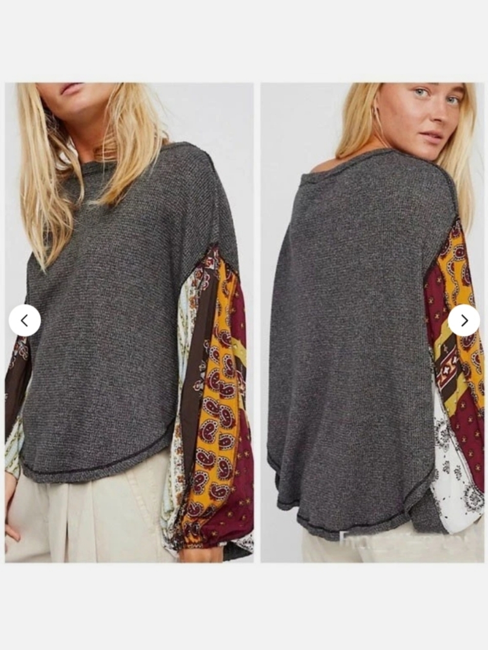 Free People We The Free Oversized Gray Waffle Knit Top With Balloon Sleeves - Picture 2 of 9
